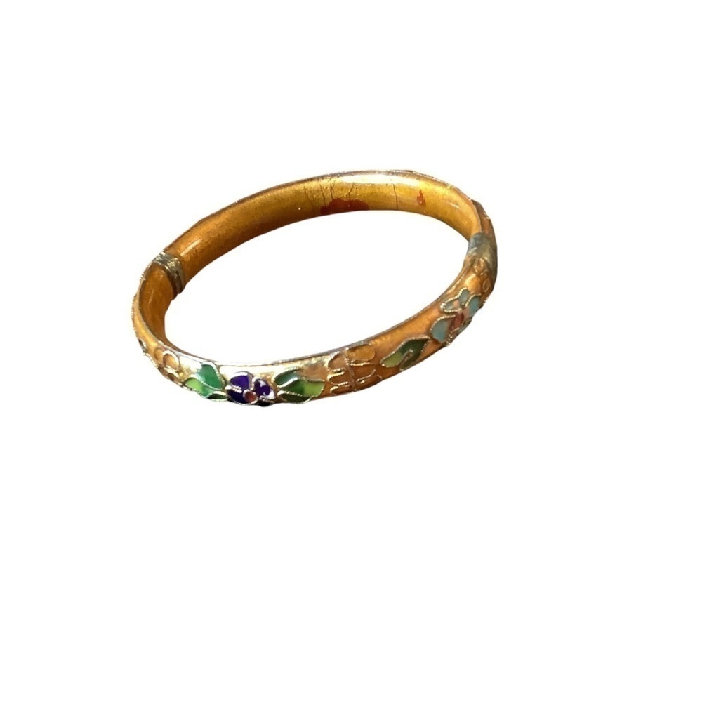 Vintage Cloisonne‎ Hinged Bangle Bracelet Floral Enamel Gold Tone Boho